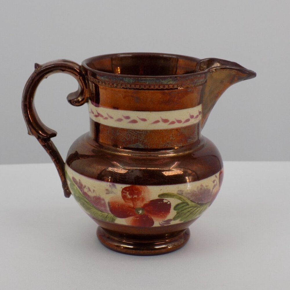 Antique Staffordshire Copper Lustreware Handpainted Floral Band 4.25" tall FLAW